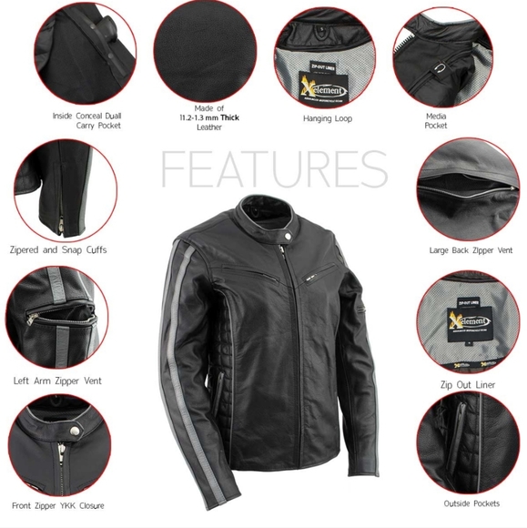 Xelement Women’s Black with Silver Multi Vented Leather Motorcycle Jacket - Picture 12 of 16